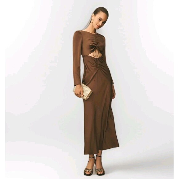 Bardot Daring Satin Long-Sleeve Maxi Dress Size 4 Small Chocolate Brown - Picture 1 of 7
